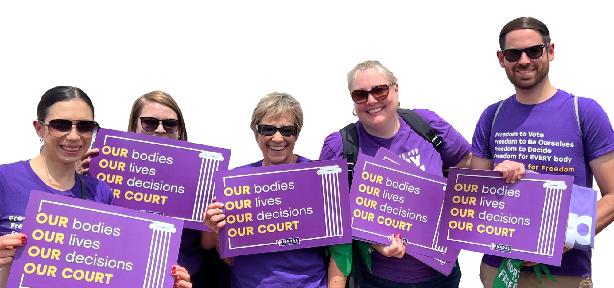 Group holding signs with "Our Bodies, Our Lives, Our Decisions, Our Choice" signs