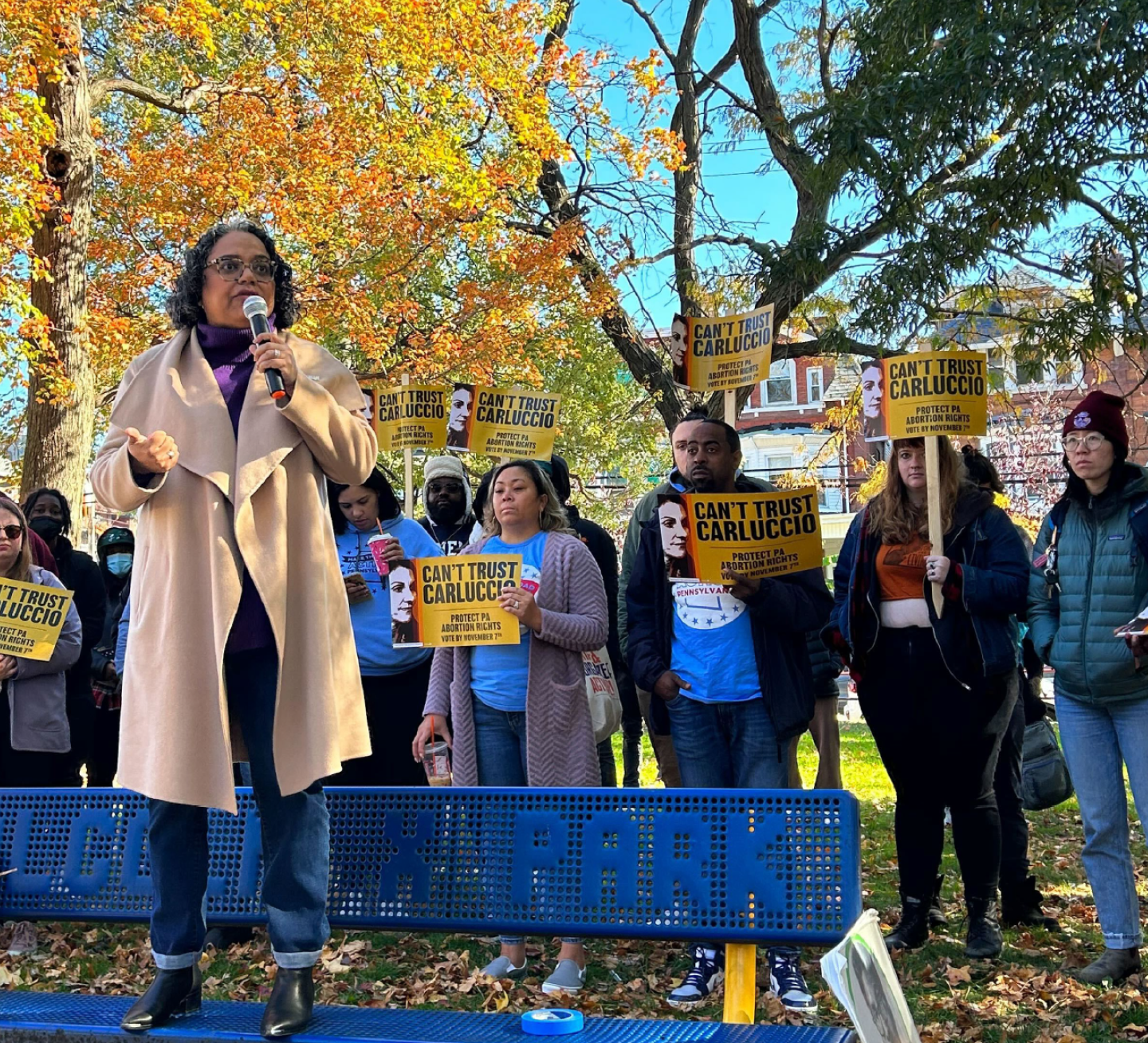 President and CEO Mini Timmaraju in Philadelphia speaking to a crowd about protecting abortion rights in Pennsylvania.