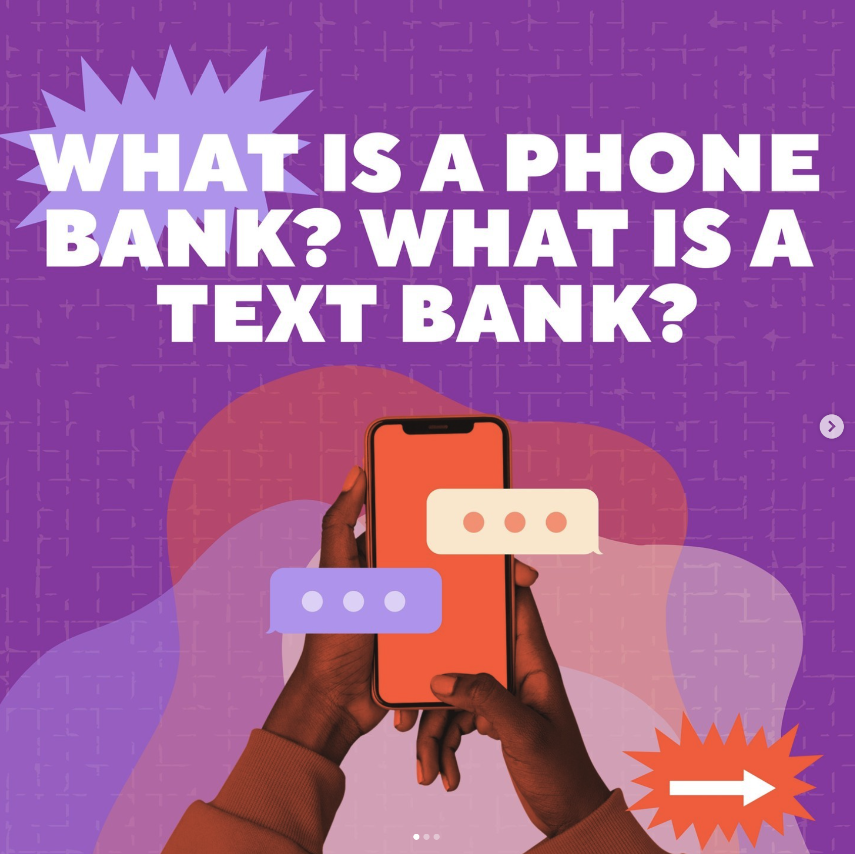 Photo posted on Instagram by Reproductive Freedom for All: an image of hands holding a phone with the words "What is a phone bank? What is a text bank?"