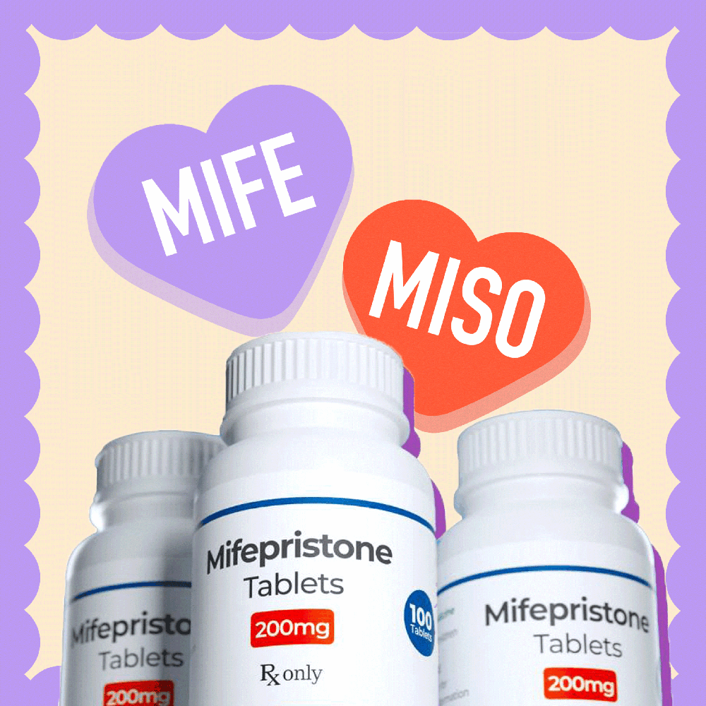 Mifepristone tablet bottle with Mife and Miso written in decorative hearts