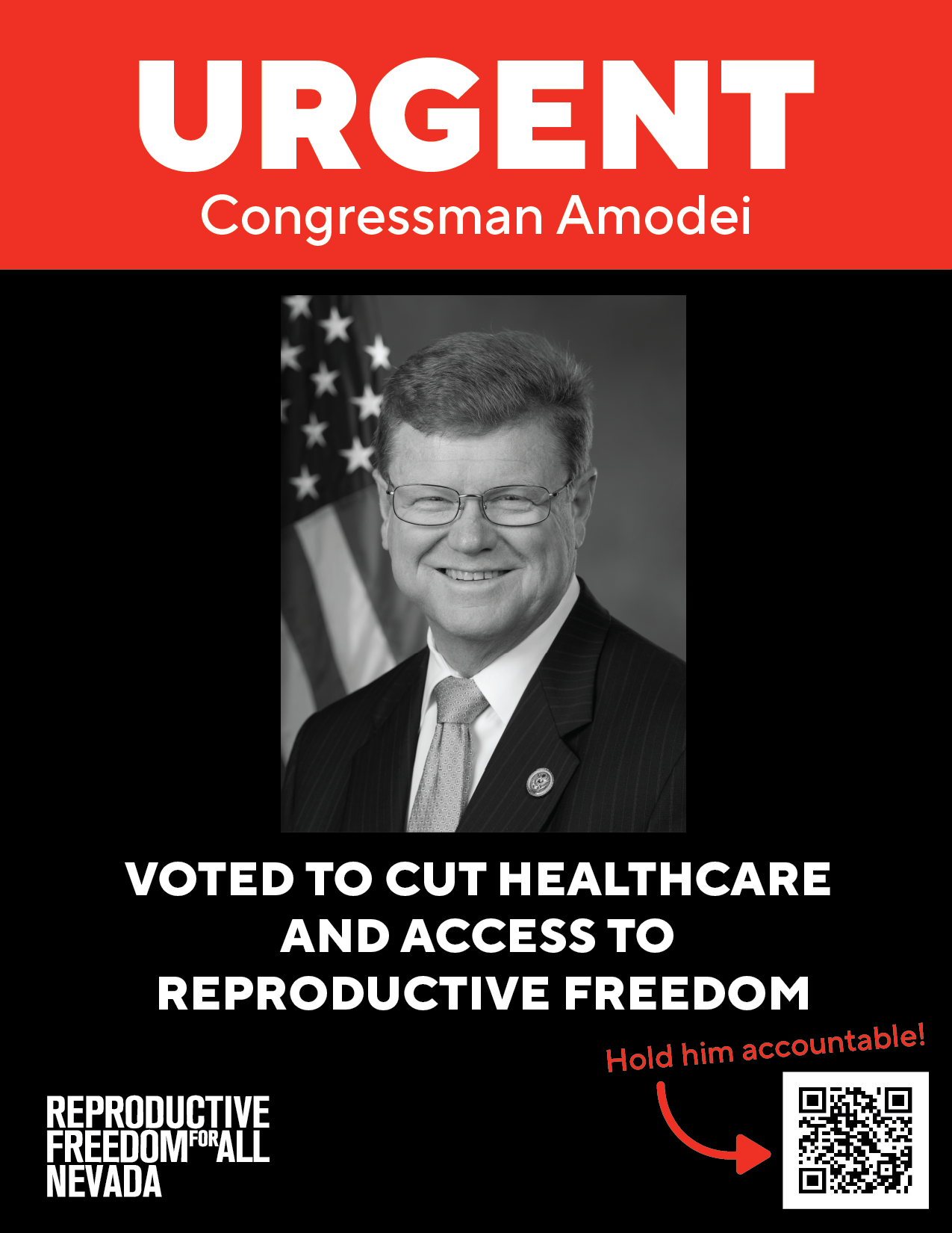 Poster calling out Mark Amodei for voting to defund our health care.