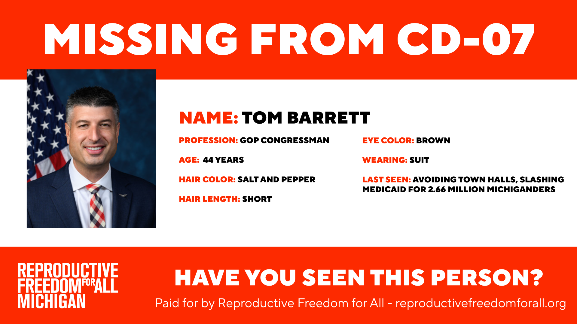 Reproductive Freedom for All Michigan advertisement featuring Rep. Tom Barrett who voted to gut health care.