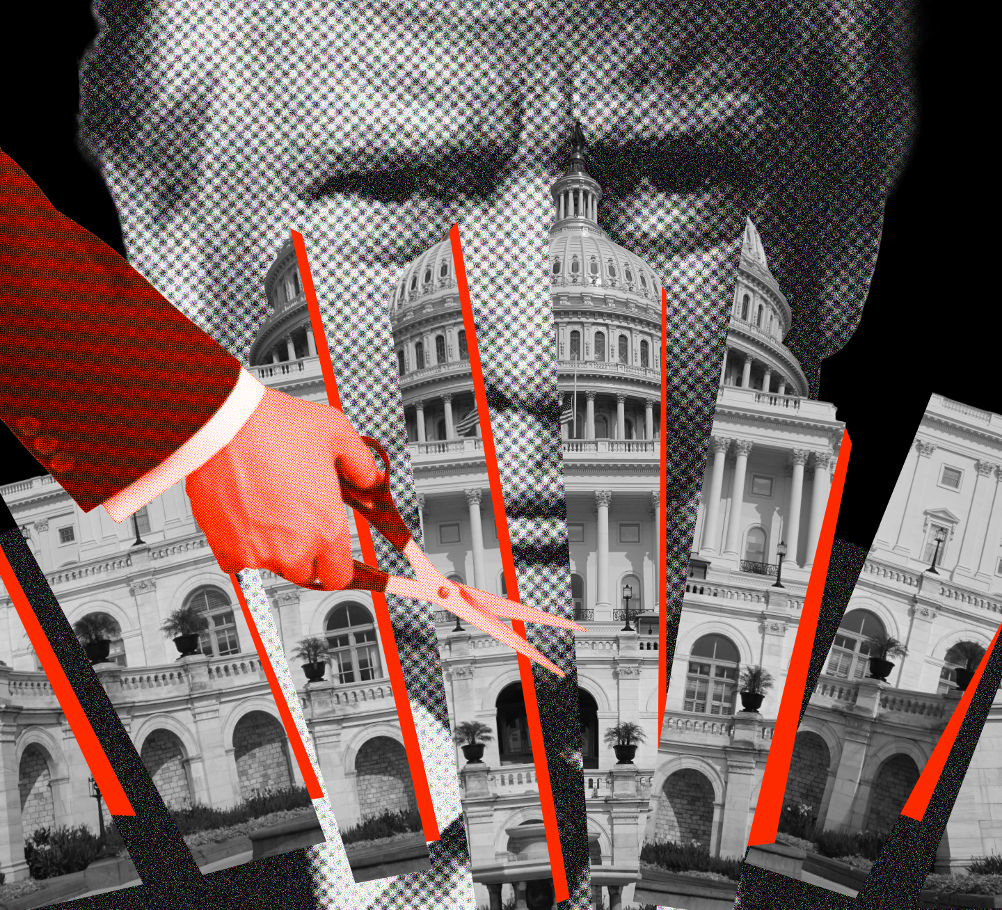 Graphic collage photo of Trump representing the attacks on reproductive freedom.