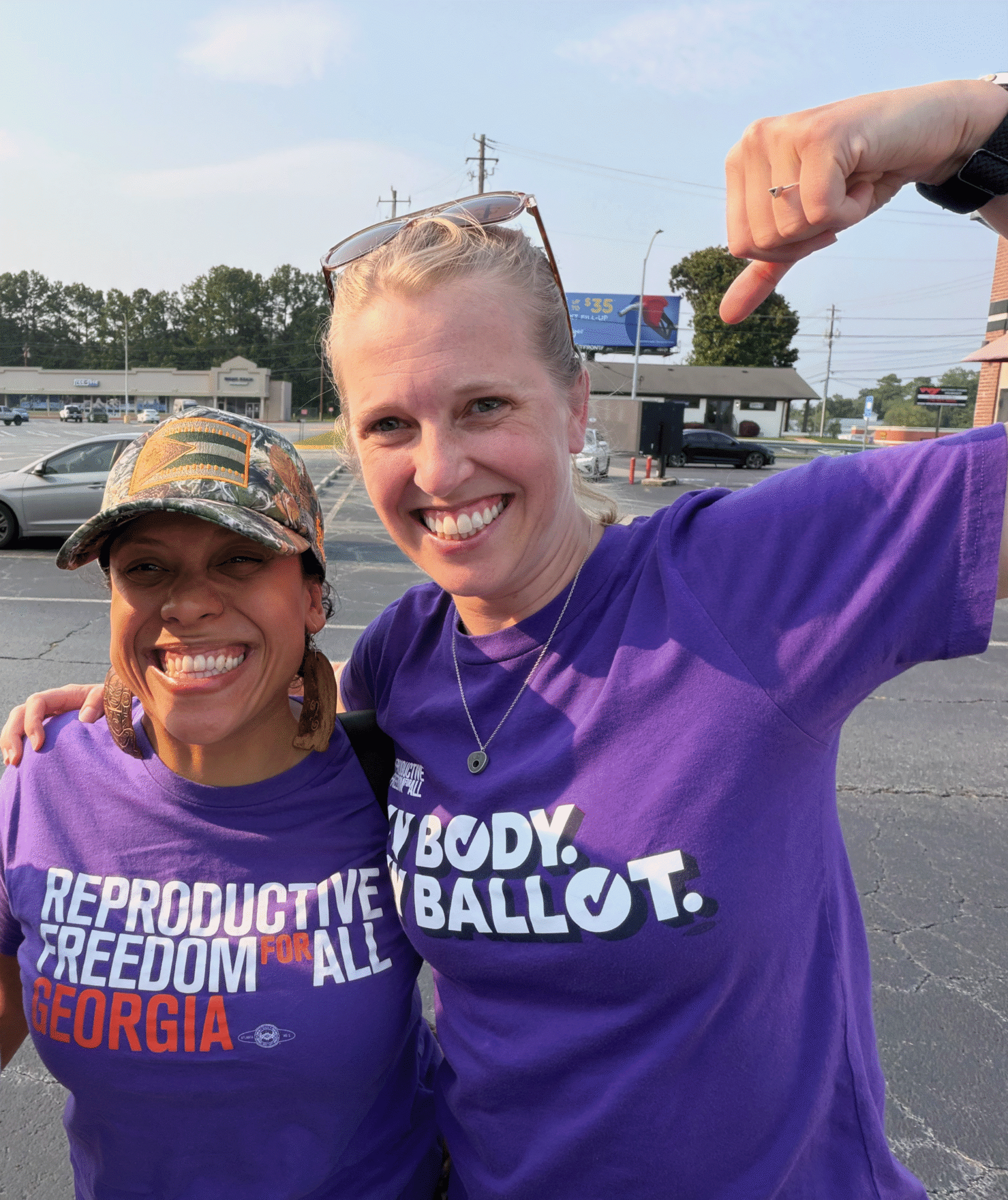 Reproductive Freedom for All Georgia members canvassing and wearing My Body. My Ballot. t-shirts.